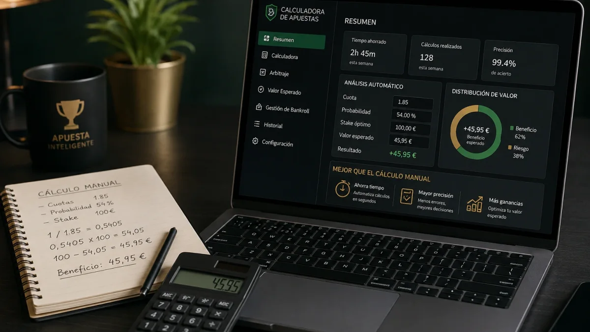 Persona introduciendo cuotas en una calculadora de apuestas en un portátil