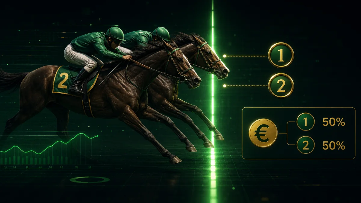 Two horses crossing the finish line in a dead heat